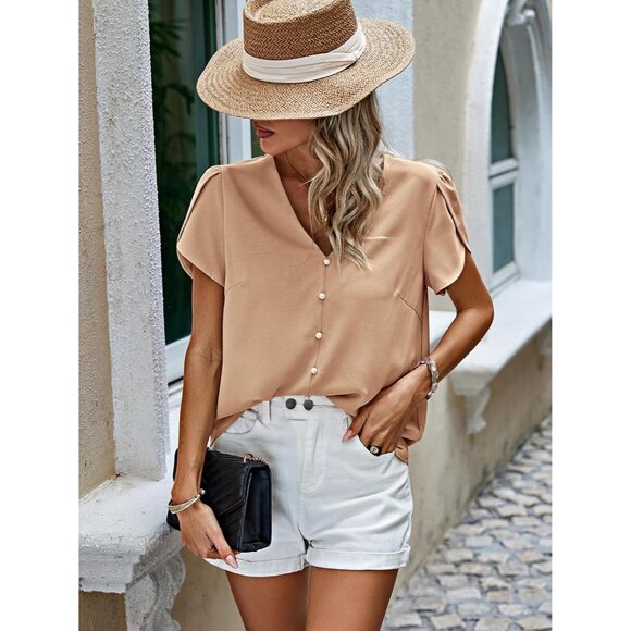 Women Short Sleeve Blouse Chiffon 2025 Summer Casual Work Pearl V Neck - Picture 5 of 7